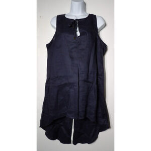 August Silk Linen Blouse Medium Top Long Tail Navy Blue Abstract Long Line Artsy